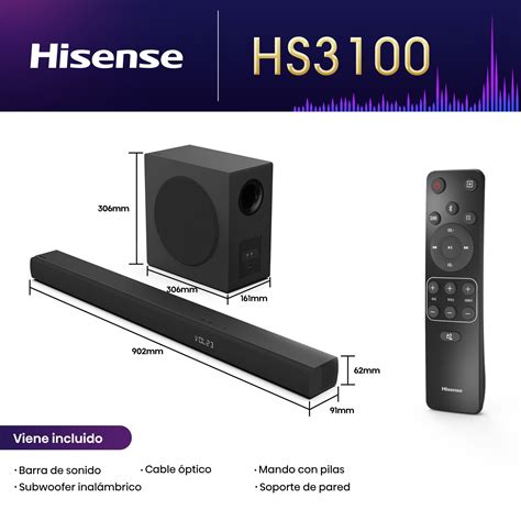 Hisense HS3100 Soundbar  3.1Ch 480W Dolby Digital Plus, Dolby Digital DTS Virtual: X,HDMI ARC, BT5.3